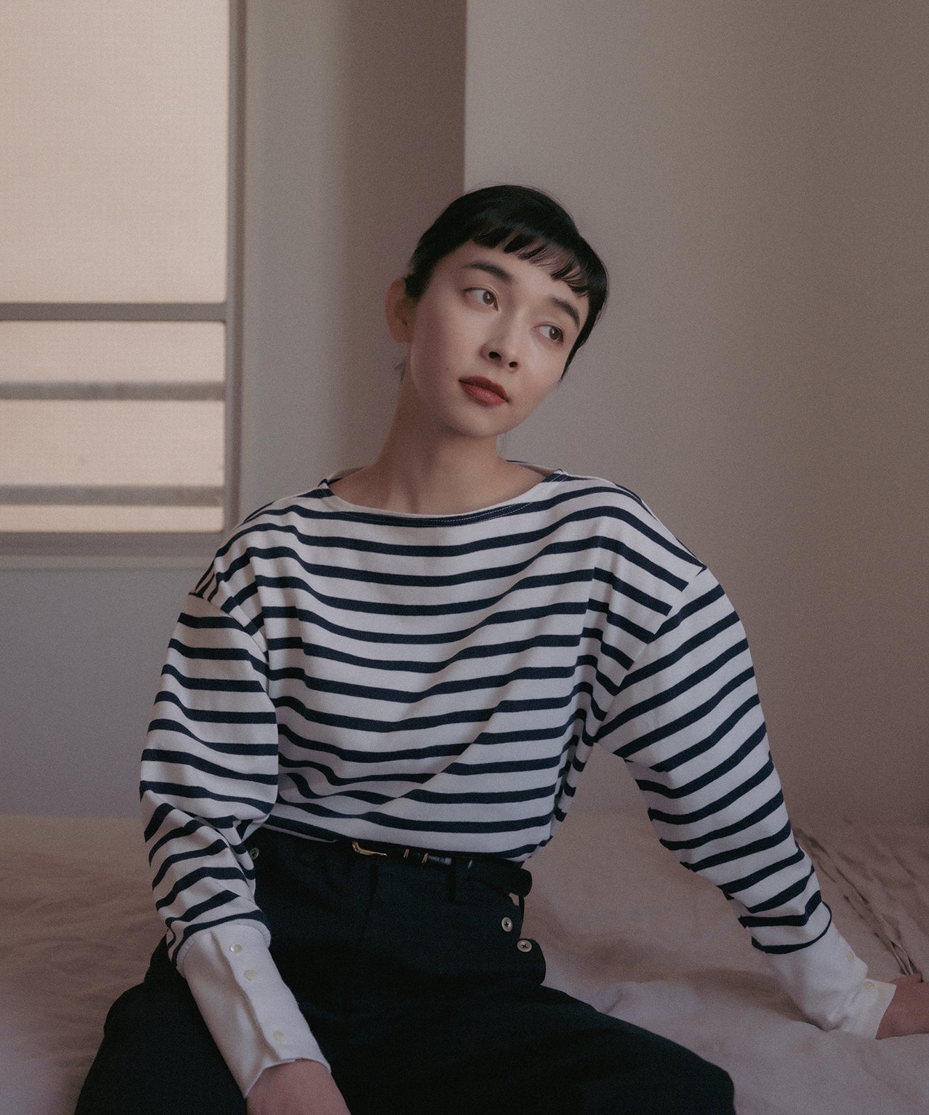 ≪在庫販売≫foufou basque shirt(white×navy)≪2023年9月1日15:00販売開始≫