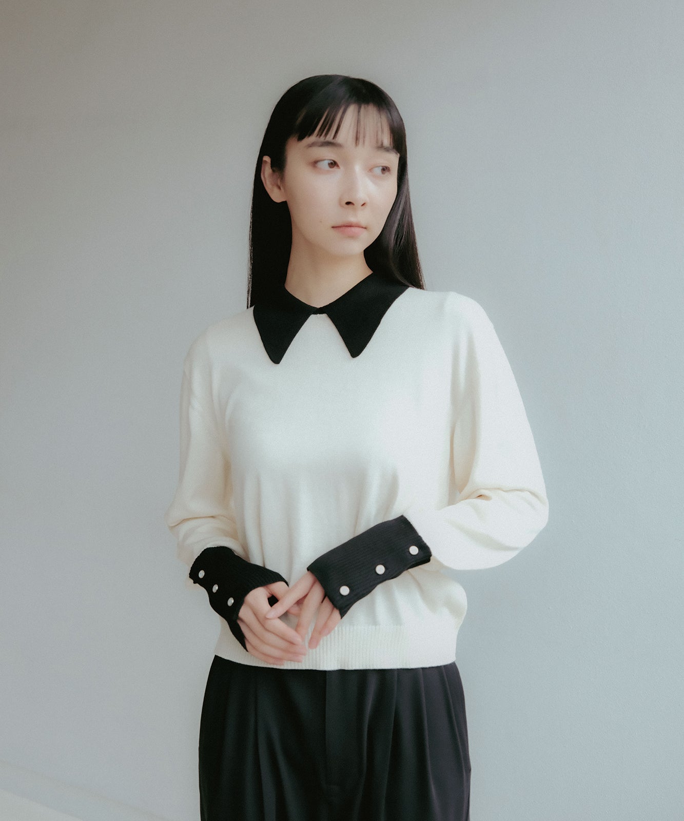 ≪在庫販売≫bi-color knit polo -ivory × black-（バイカラー