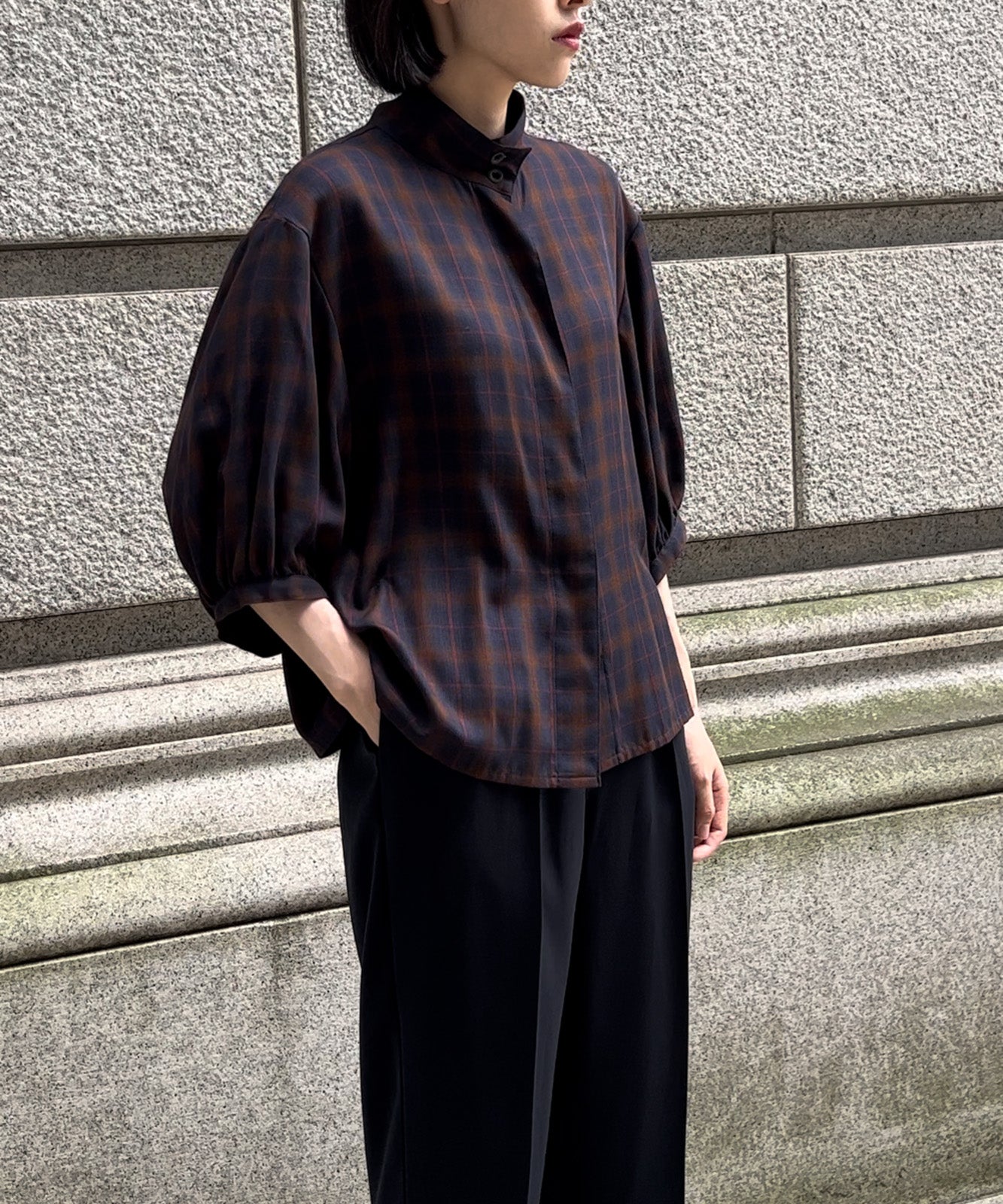 ≪在庫販売≫summer check stand collar blouse(サマーチェックスタンドカラーブラウス)≪2023年6月28日21:00発送予定≫