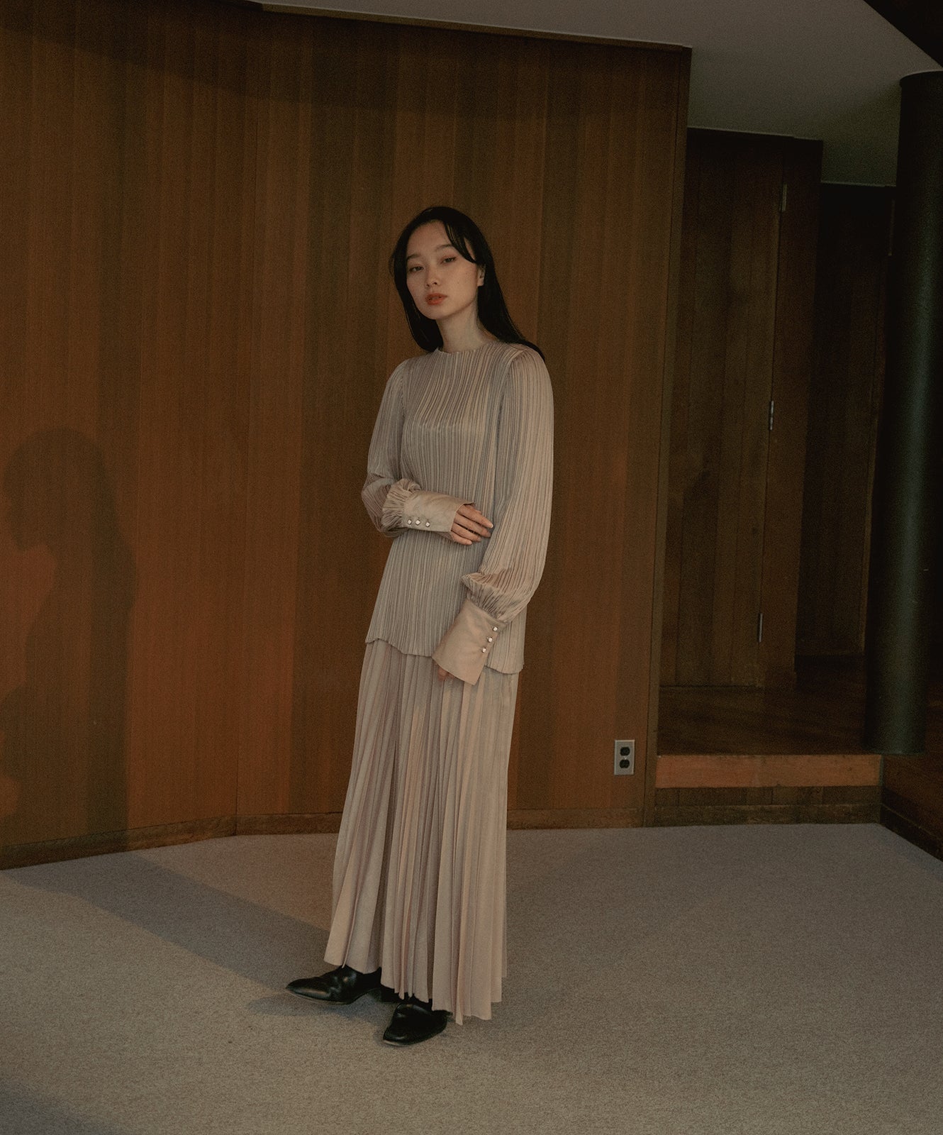 ≪予約販売≫pleats adjust skirt(プリーツアジャストスカート)シャンパンベージュ≪2023年6月28日21:00販売開始≫≪2023年9月下旬発送予定≫