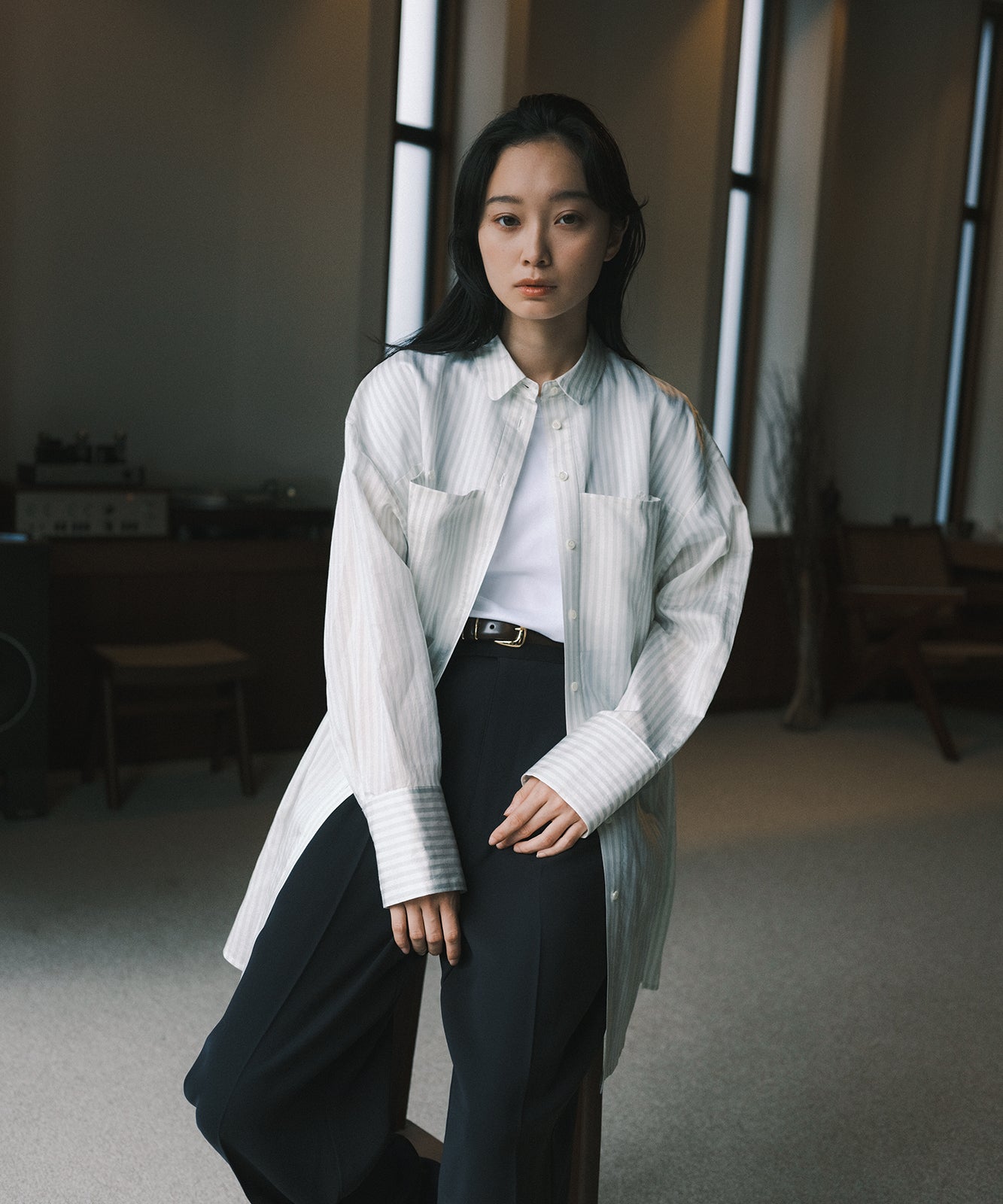 ≪通常販売≫sheer stripe long shirts(シアーストライプロングシャツ)