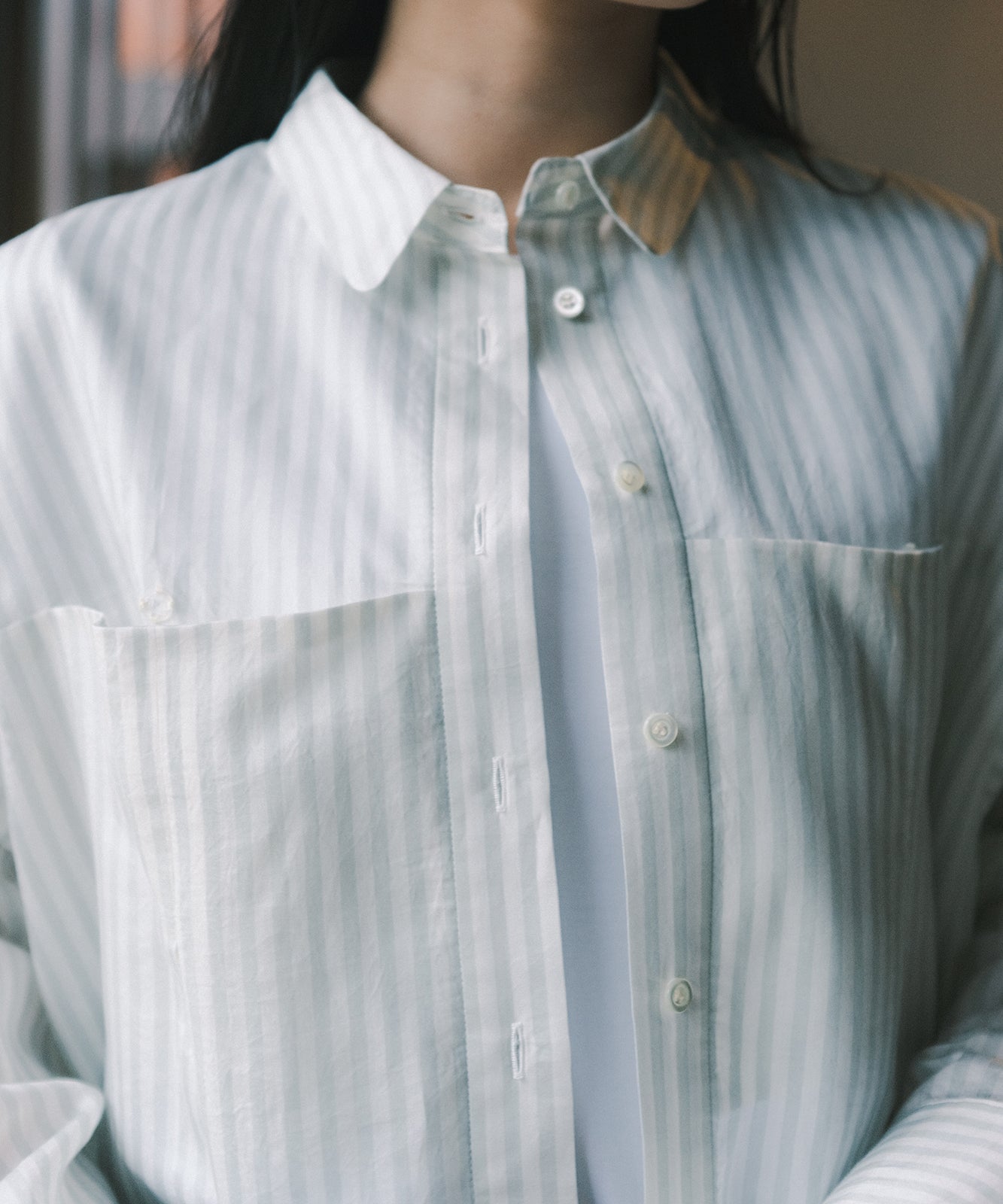 ≪在庫販売≫sheer stripe long shirts（シアーストライプロングシャツ）