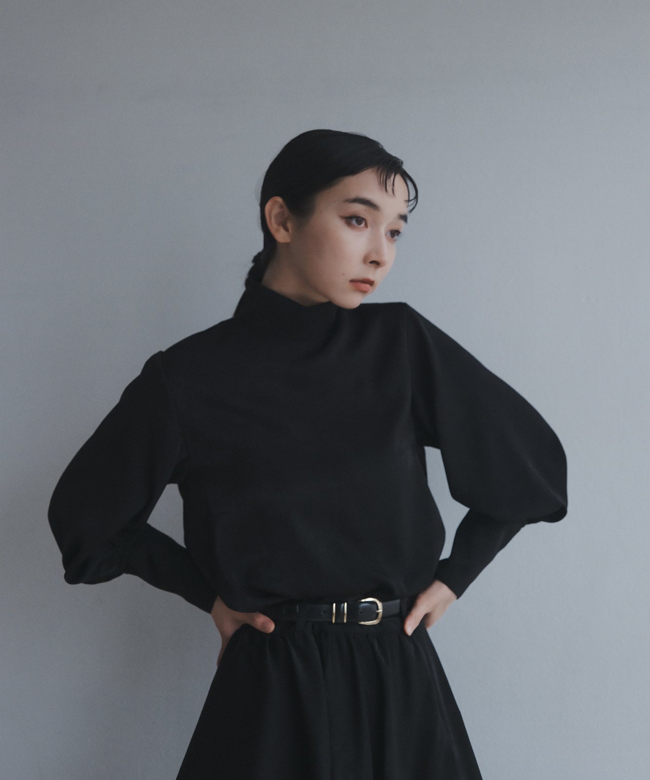 ≪在庫販売≫high neck dress shirts - black satin -（ハイネック 