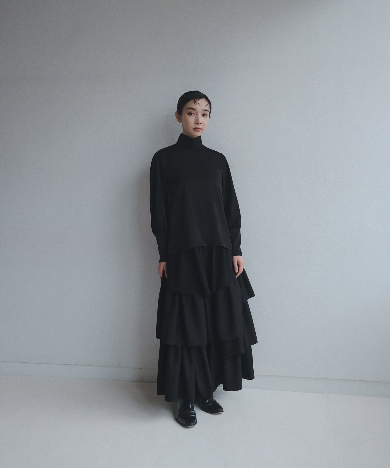 ≪在庫販売≫high neck dress shirts - black satin -(ハイネックドレスシャツ-ブラックサテン-)≪2023年10月11日15:00販売開始≫