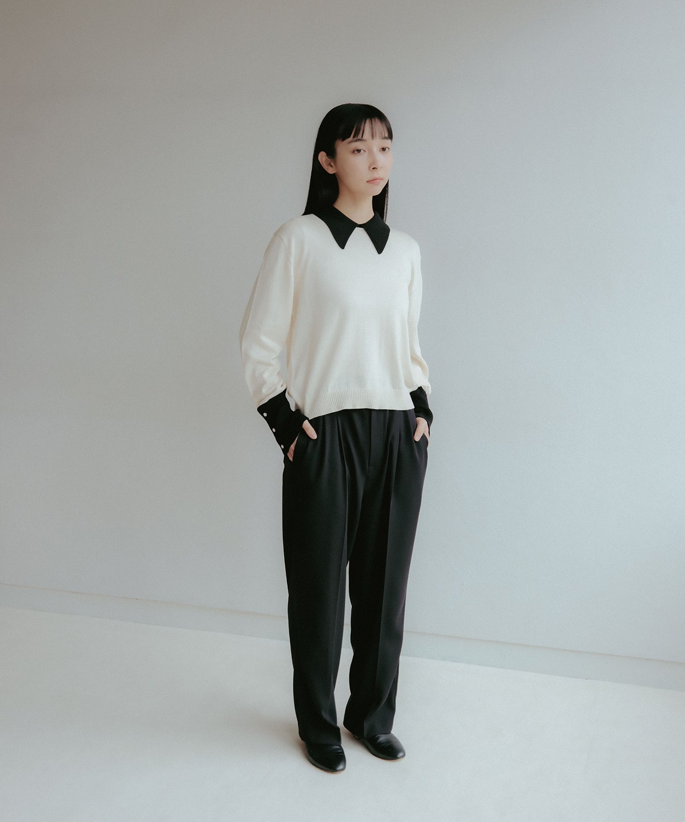 ≪在庫販売≫bi-color knit polo -ivory × black-（バイカラー 