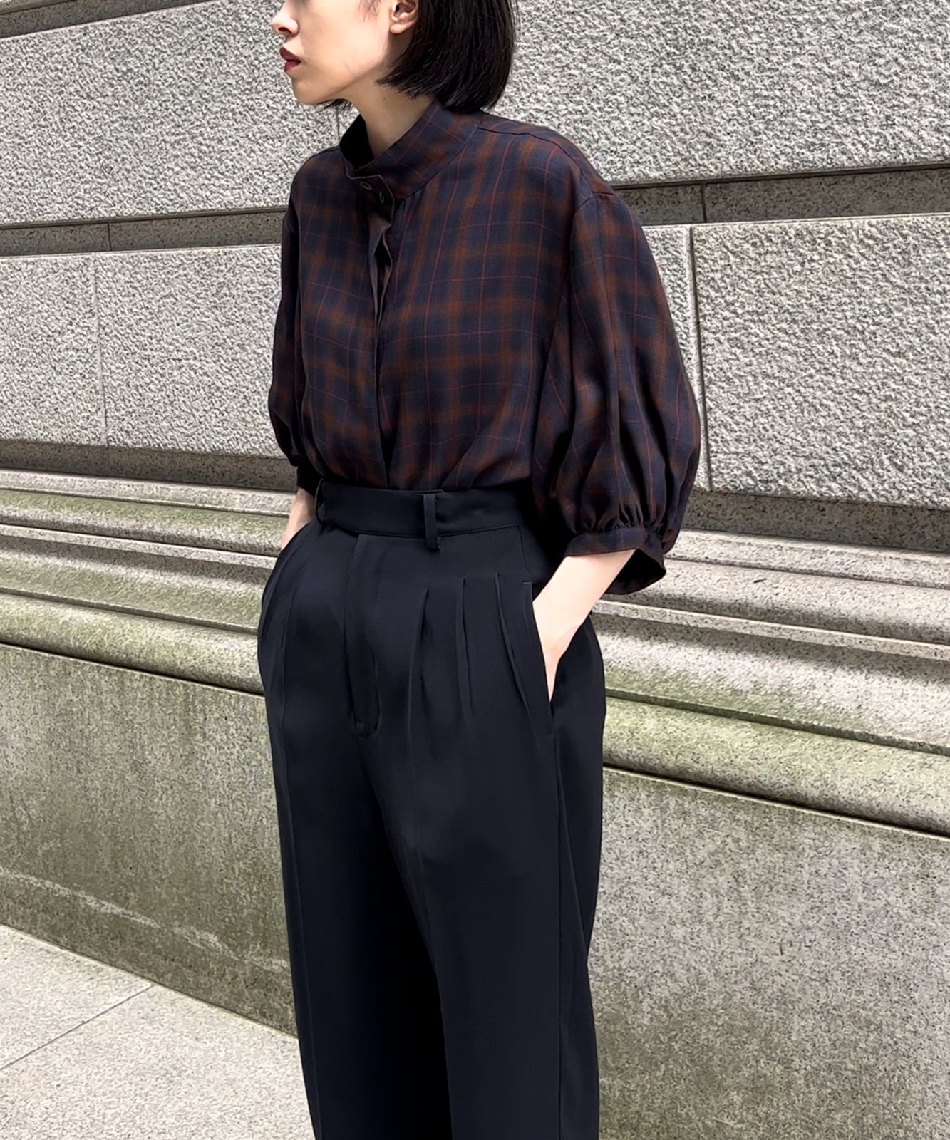 ≪在庫販売≫summer check stand collar blouse（サマーチェックスタンドカラーブラウス）≪2023年6月28日21:00発送予定≫