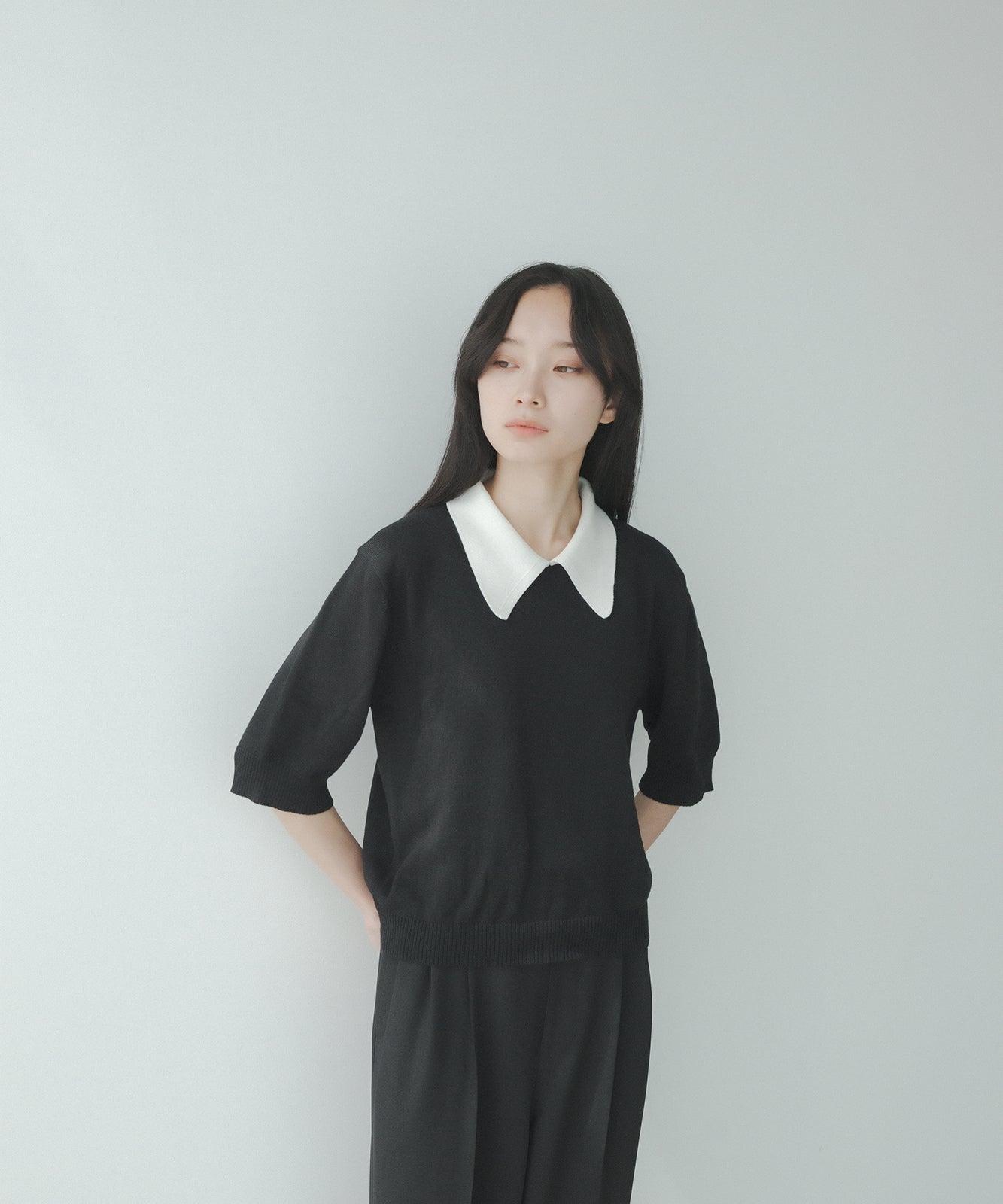 ≪在庫販売≫bi-color knit polo - black × white -（short sleeves）≪2023年5月29日21:00販売開始≫