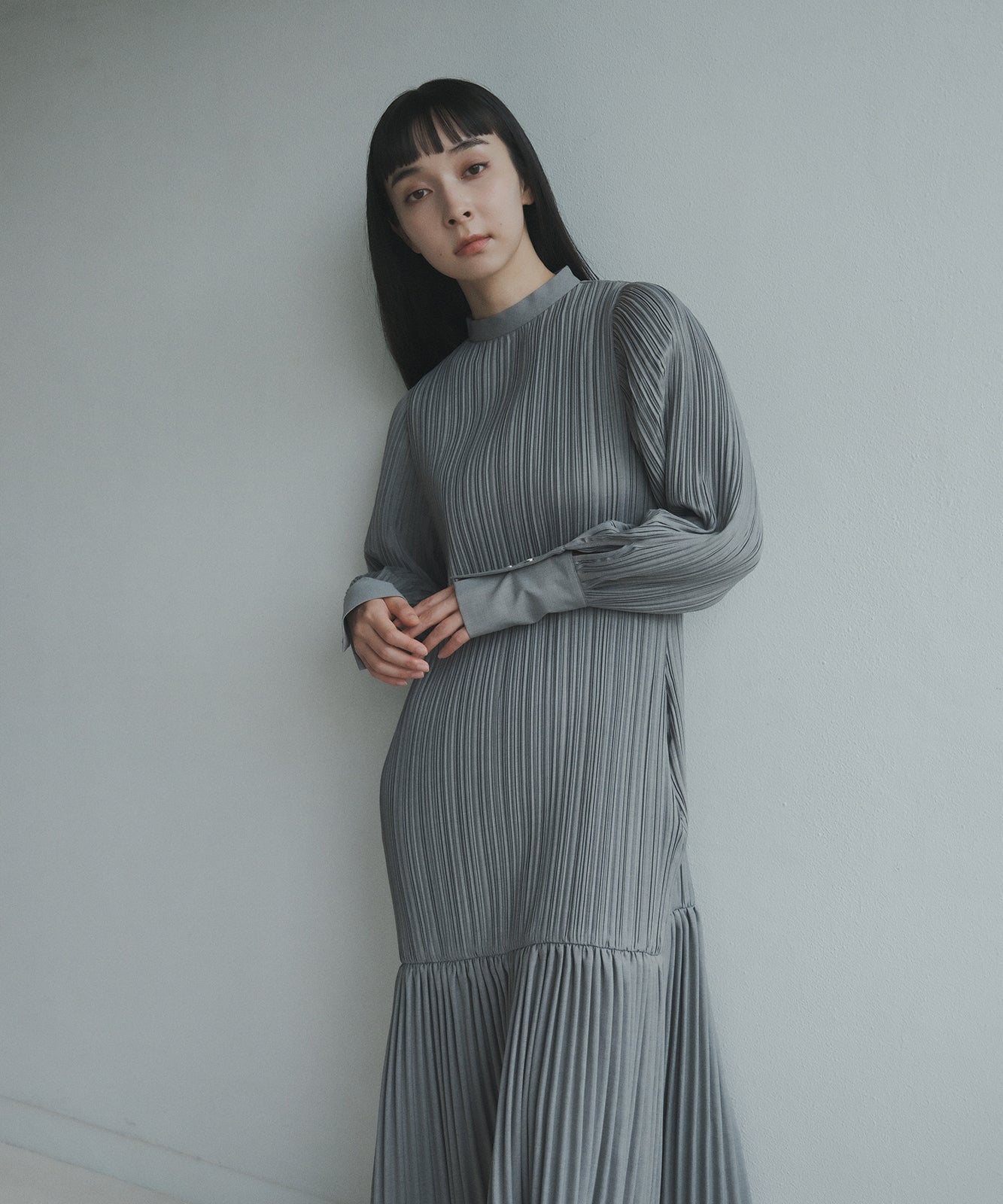 ≪通常販売≫stand collar twill pleats onepiece（スタンドカラーツイルプリーツワンピース）