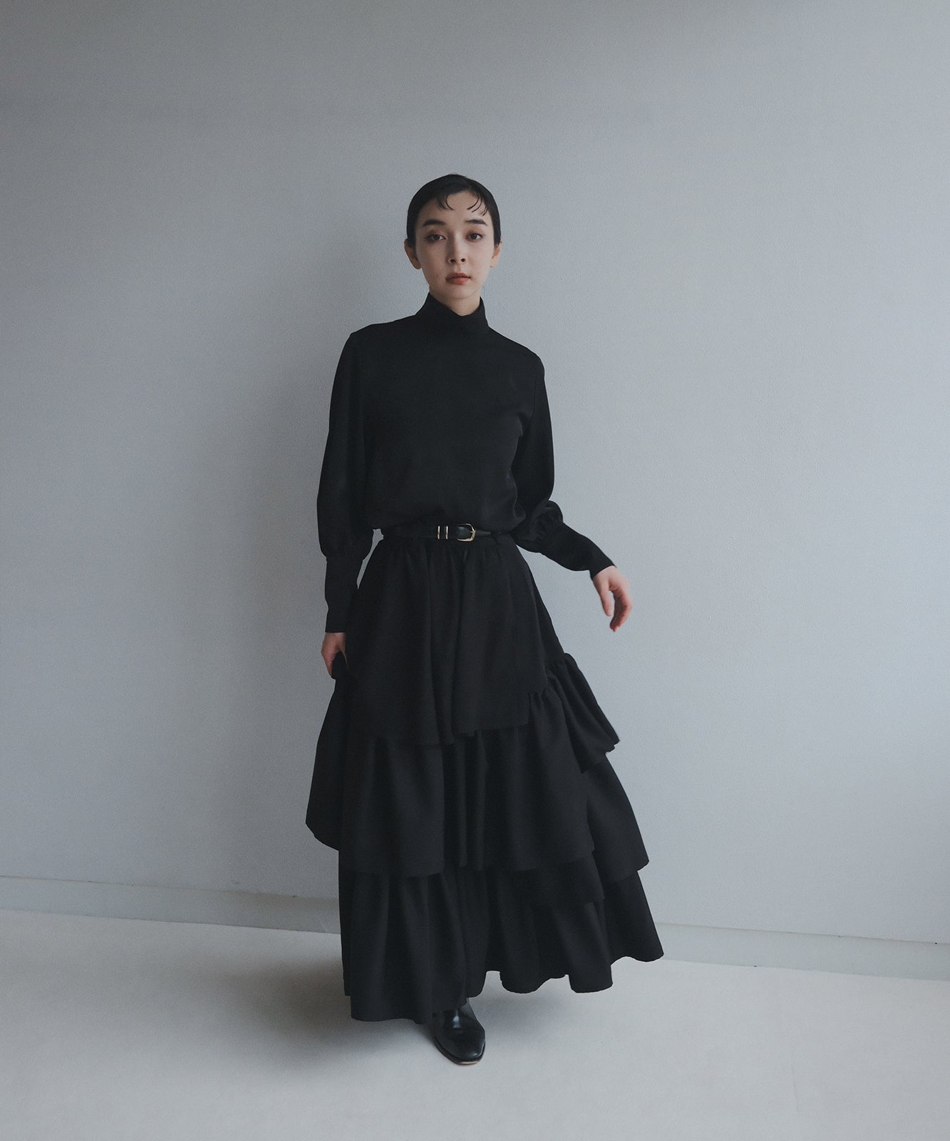 ≪在庫販売≫high neck dress shirts - black satin -（ハイネック