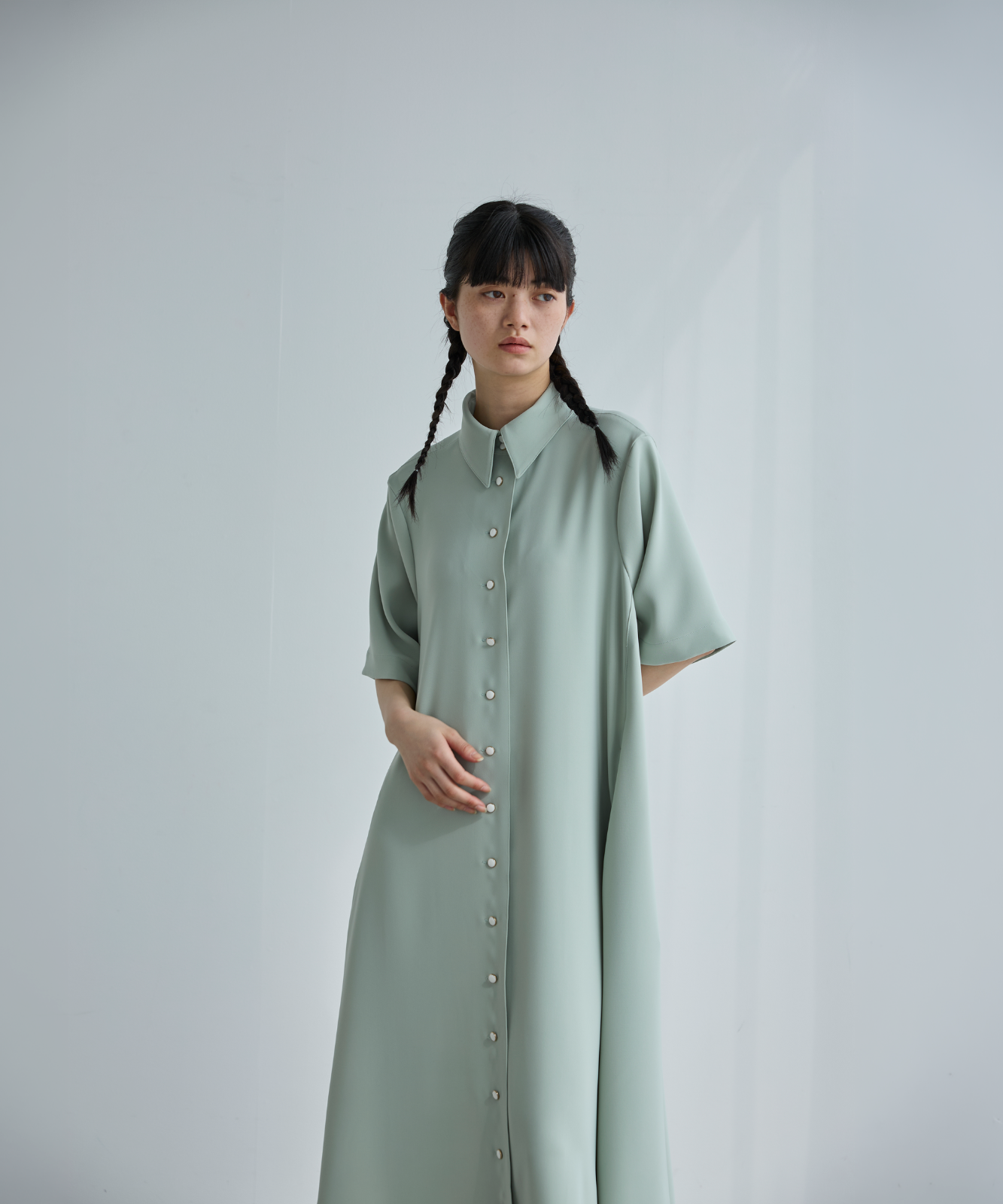 ≪通常販売≫shirt collar silky twill one piece （シャツカラーシルキーツイルワンピース）