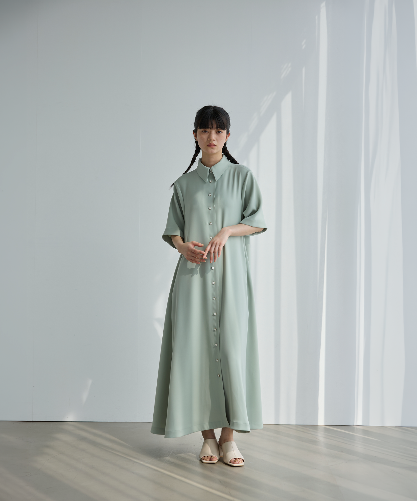 ≪通常販売≫shirt collar silky twill one piece （シャツカラーシルキーツイルワンピース）
