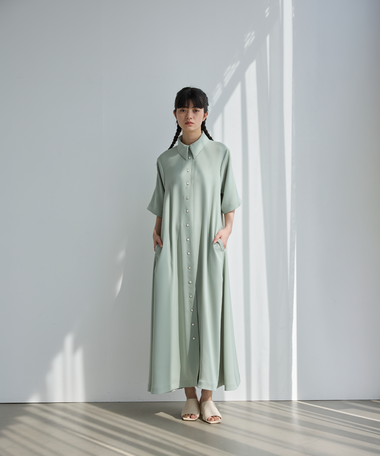 ≪通常販売≫shirt collar silky twill one piece （シャツカラーシルキーツイルワンピース）