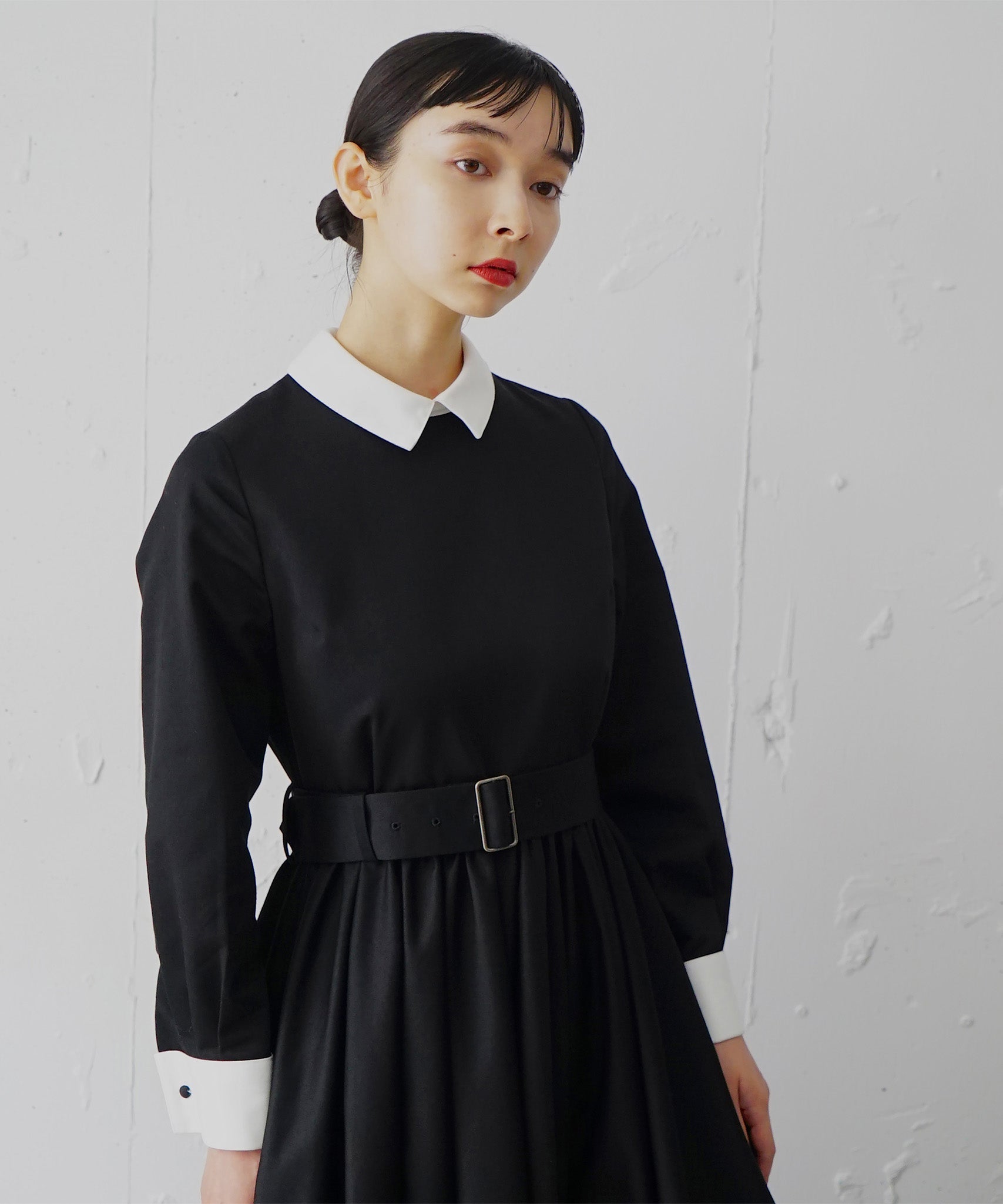 ≪在庫販売≫【THE Dress #32】double cuffs Bicolor ONE piece(ダブルカフスバイカラーワンピース) 在庫販売 / ブラック / Sサイズ